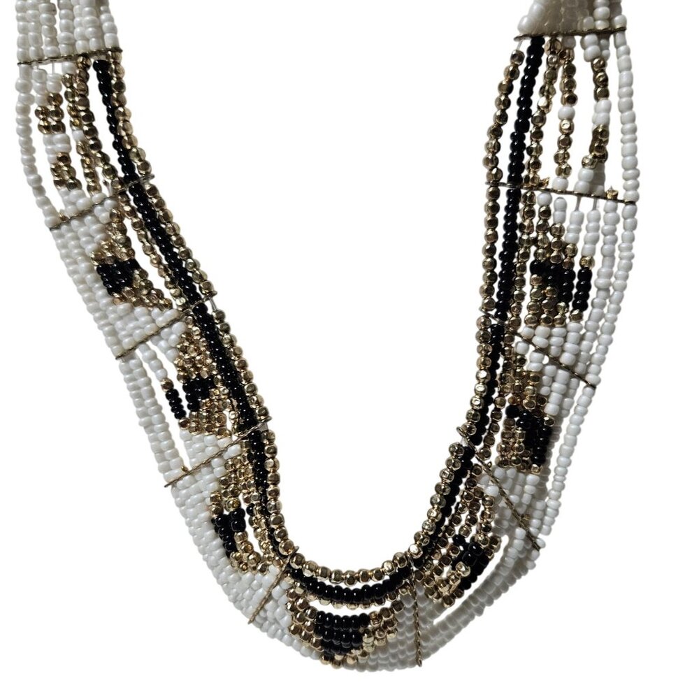 Handcrafted Seed Beaded Multi Strand Bib Necklace Gold Black White Beads Women